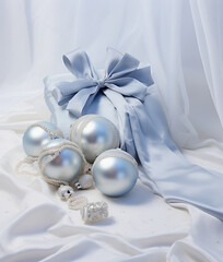 Christmas decoration with blue balls and ribbons on white satin background