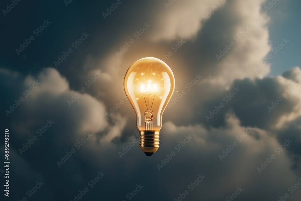 Poster a light bulb suspended in the sky with fluffy clouds in the background. perfect for illustrating cre