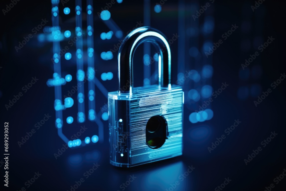 Poster A padlock on a dark surface with blue lights in the background. Suitable for security and technology concepts