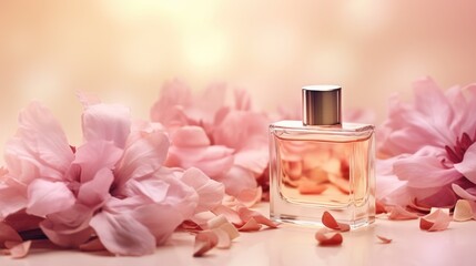 Obraz na płótnie Canvas Aromatic allure: Perfume bottle and flower petals on a pastel beige background. Aesthetic design for natural cosmetics with aromatic oil.