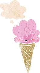 cartoon ice cream with face with thought bubble in grunge distressed retro textured style