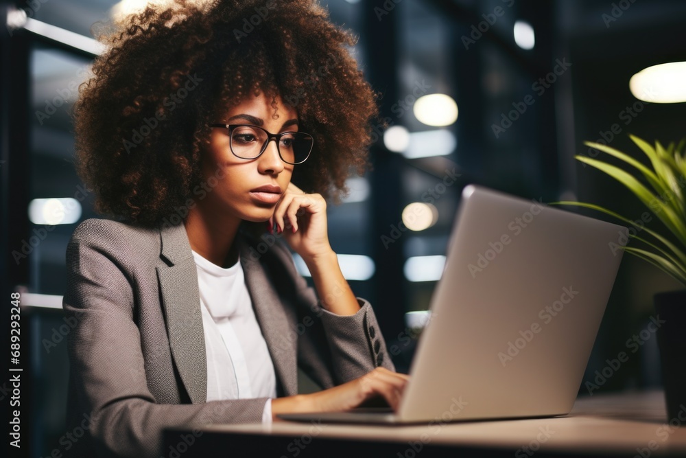 Poster a woman sitting at a table using a laptop computer. suitable for technology, business, and remote wo
