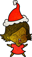 happy hand drawn textured cartoon of a girl wearing santa hat