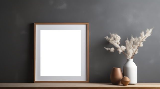Wood photo frame mockup on gray wall background, blank poster template. Minimalistic interior table vase with flowers decor