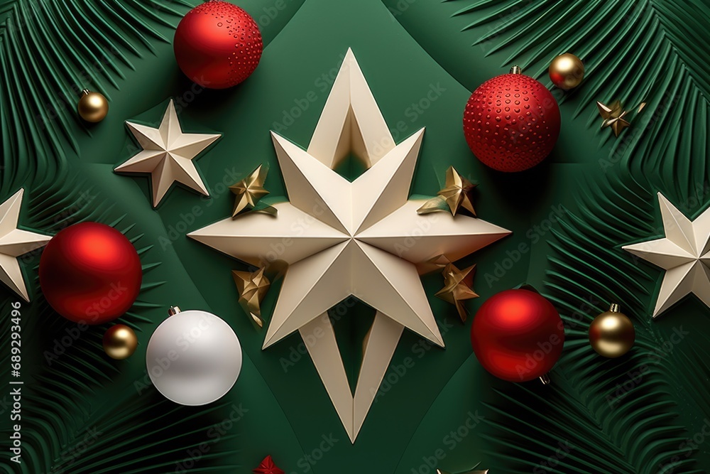 Poster A beautiful Christmas star surrounded by ornaments on a vibrant green background. Perfect for holiday designs and festive decorations