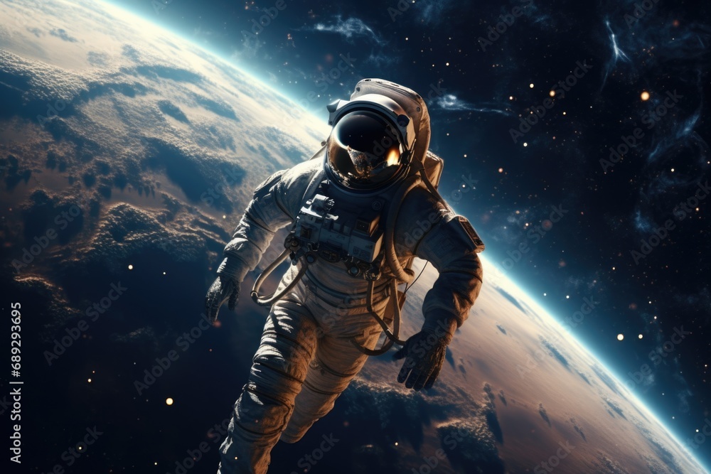 Poster An image of a man in a space suit floating in the air. Can be used to illustrate concepts related to space exploration, astronauts, weightlessness, or futuristic technology