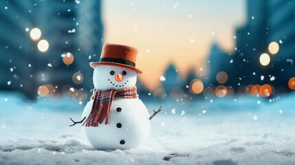 Snowman in hat and scarf standing on snow with city at background