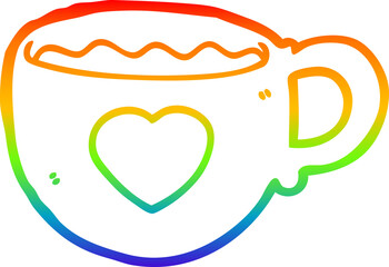 rainbow gradient line drawing of a I love coffee cartoon cup