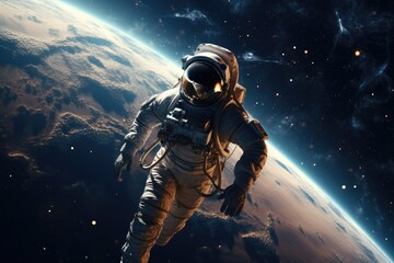 An image of a man in a space suit floating in the air. Can be used to illustrate concepts related to space exploration, astronauts, weightlessness, or futuristic technology