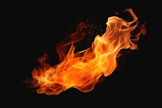 A close up shot of a vibrant fire on a black background. This image can be used to depict concepts such as warmth, energy, passion, danger, and destruction.