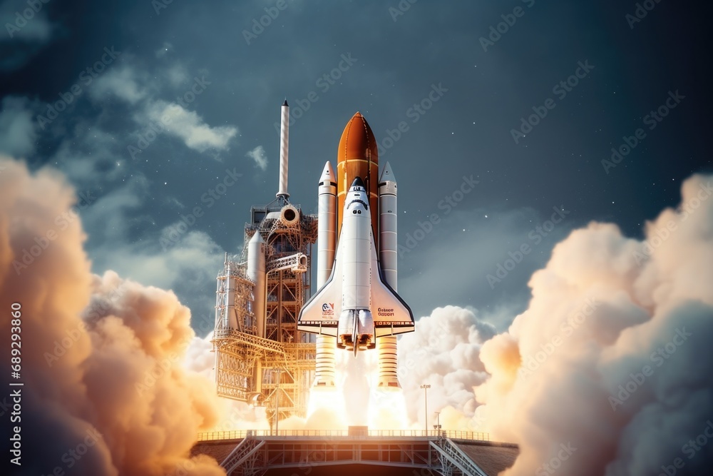 Poster A space shuttle taking off into the sky. Suitable for science and technology-related projects