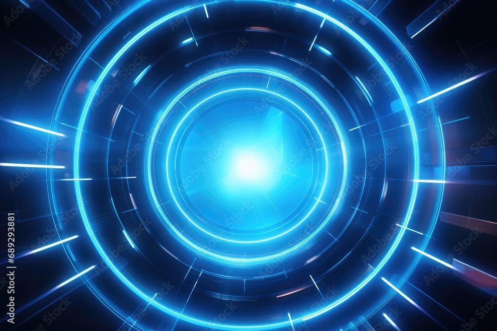 Poster a bright blue light shines through the center of a circular object. perfect for futuristic or techno