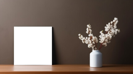 Fototapeta na wymiar Photo frame mockup on brown wall background, blank poster template. Minimalistic interior table vase with flowers decor