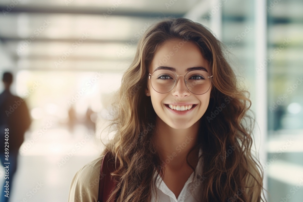 Aufkleber a woman with glasses smiling and looking directly at the camera. suitable for various professional a