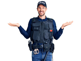 Young handsome man wearing police uniform smiling showing both hands open palms, presenting and...
