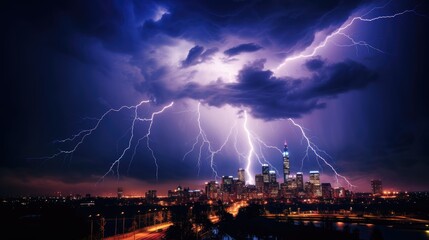 Naklejka na ściany i meble Bright lightning electrifies the black sky, creating a dramatic cityscape during a thunderstorm
