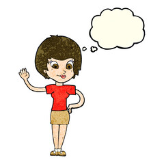 cartoon woman waving with thought bubble