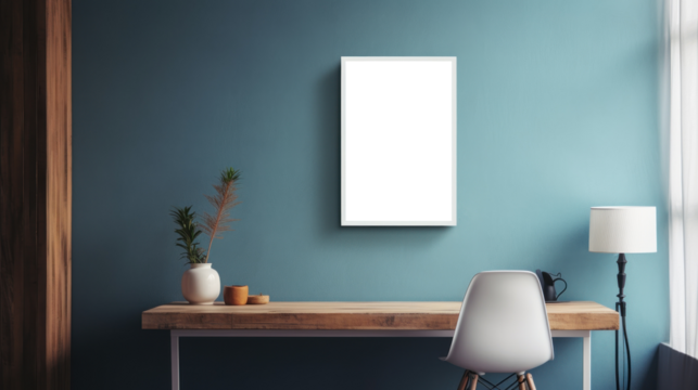Photo frame mockup on blue wall background, blank poster template. Minimalistic interior table workplace vase with flowers decor