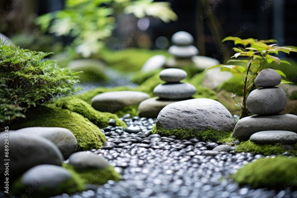 Poster a tranquil garden adorned with rocks covered in lush green moss. perfect for adding a touch of natur