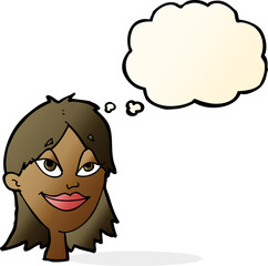 cartoon happy woman with thought bubble