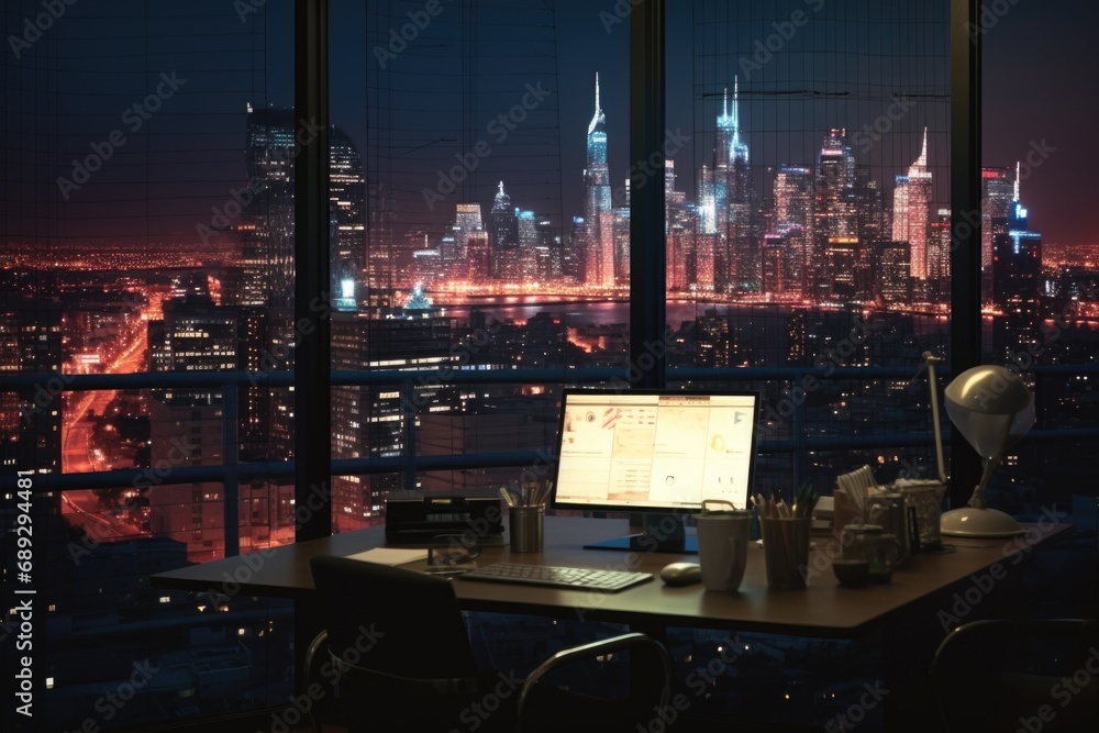 Poster A laptop computer is placed on top of a desk in front of a window. This image can be used for various purposes
