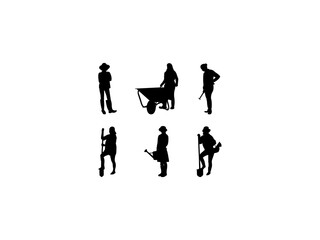 Set of Woman Farmer Silhouette in various poses isolated on white background