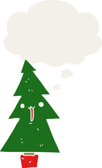 cartoon christmas tree with thought bubble in retro style
