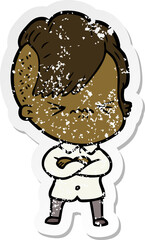 distressed sticker of a cartoon annoyed hipster girl