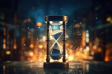 An hourglass with a heart inside of it sitting on a table. Suitable for time, love, and romance concepts - obrazy, fototapety, plakaty