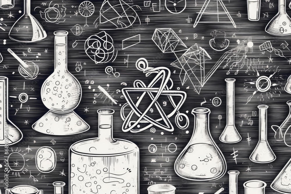 Poster Various science related items and equations written on a blackboard. Can be used to illustrate scientific concepts and education