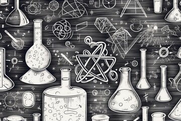 Various science related items and equations written on a blackboard. Can be used to illustrate scientific concepts and education