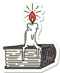 sticker of a tattoo style candle melting on book