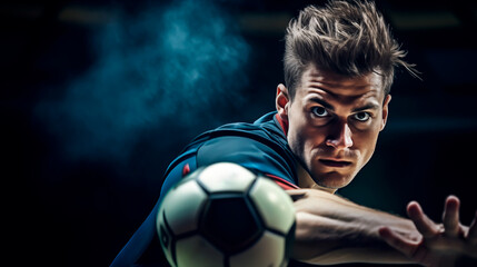 Intense handball player in action, dark smoky background.
 - obrazy, fototapety, plakaty
