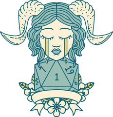 Retro Tattoo Style crying tiefling with natural one D20 dice roll