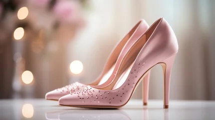 Poster A pair of pink high heeled shoes on a table. © tilialucida