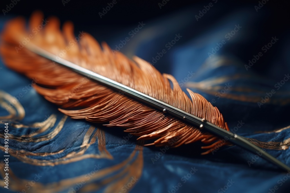 Poster a detailed close-up of a feather placed on a vibrant blue cloth. this image can be used for various 