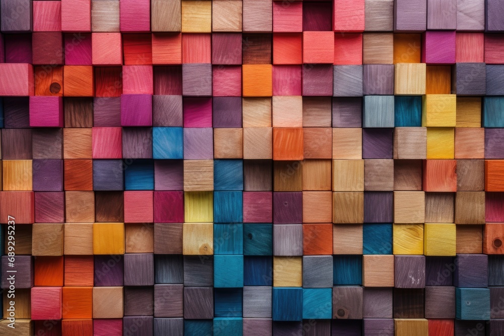 Poster a vibrant wall made of wooden blocks that are arranged in various colors. this image can be used to 
