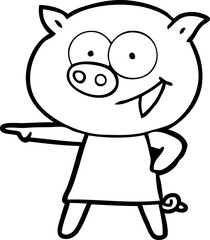cheerful pig in dress pointing cartoon