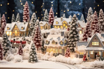 A miniature Christmas village featuring a train and an abundance of trees. Perfect for holiday decorations or creating a festive atmosphere. - obrazy, fototapety, plakaty