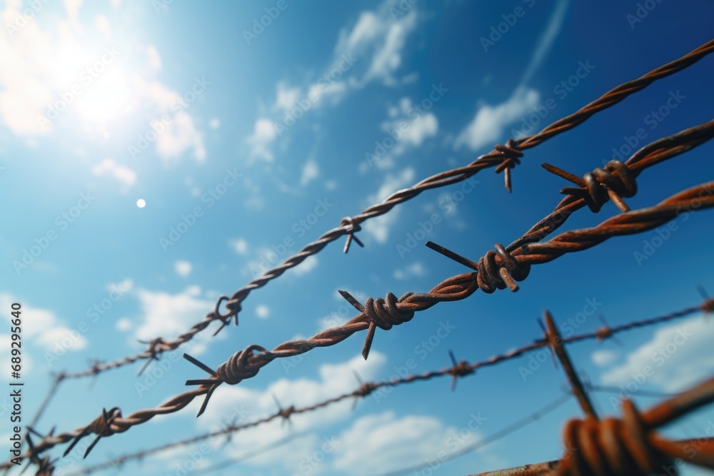 Poster a detailed view of a barbed wire fence, suitable for illustrating concepts such as security, confine