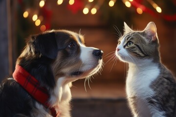 A captivating image of a cat and a dog making eye contact. Perfect for illustrating the unique bond between pets or showcasing animal companionship.