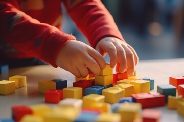 A small child is playing with wooden blocks on a table. This image can be used for educational purposes or to depict creativity and imagination