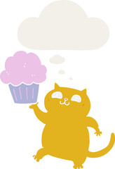 cartoon cat with cupcake with thought bubble in retro style