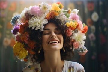 A woman with a smile on her face and flowers adorning her hair. This picture can be used to portray happiness, joy, beauty, or a carefree spirit