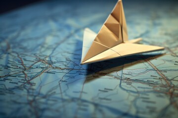 A paper boat delicately placed on top of a map, representing a journey or adventure. Perfect for travel-related designs and storytelling