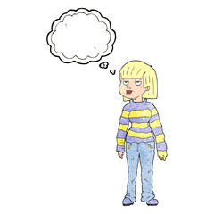 freehand drawn thought bubble textured cartoon woman in casual clothes