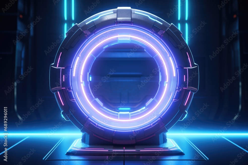 Poster A captivating image of a futuristic looking object illuminated by neon lights in a dark room. Perfect for adding a modern touch to any creative project