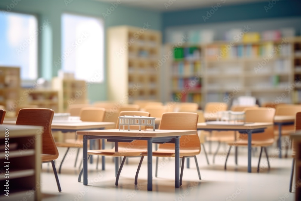 Poster a classroom filled with rows of desks and chairs. perfect for educational and school-related project