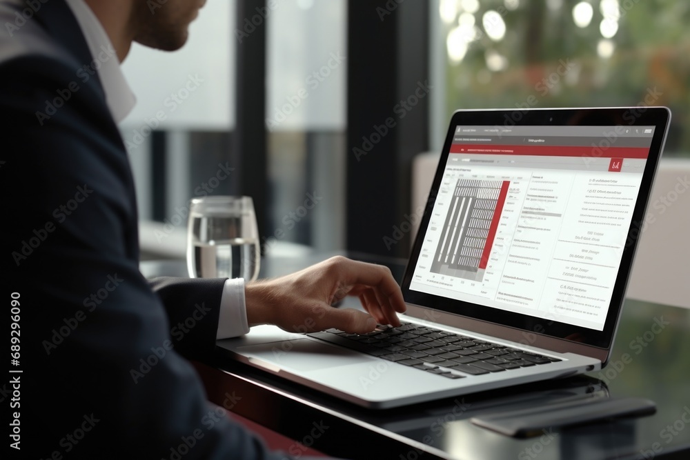 Poster A man sitting at a table using a laptop computer. Suitable for illustrating technology, work, and remote work concepts