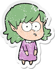 distressed sticker of a cartoon elf girl staring